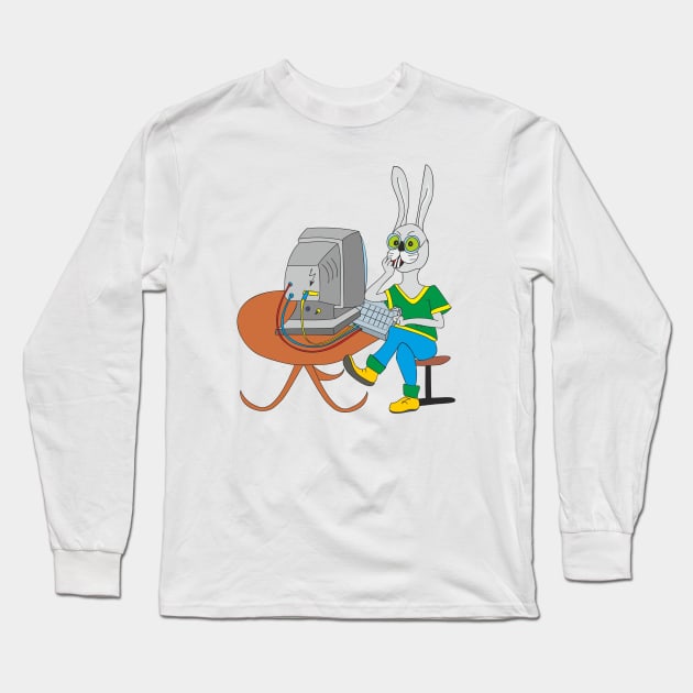 Rabbit at the computer Long Sleeve T-Shirt by Alekvik